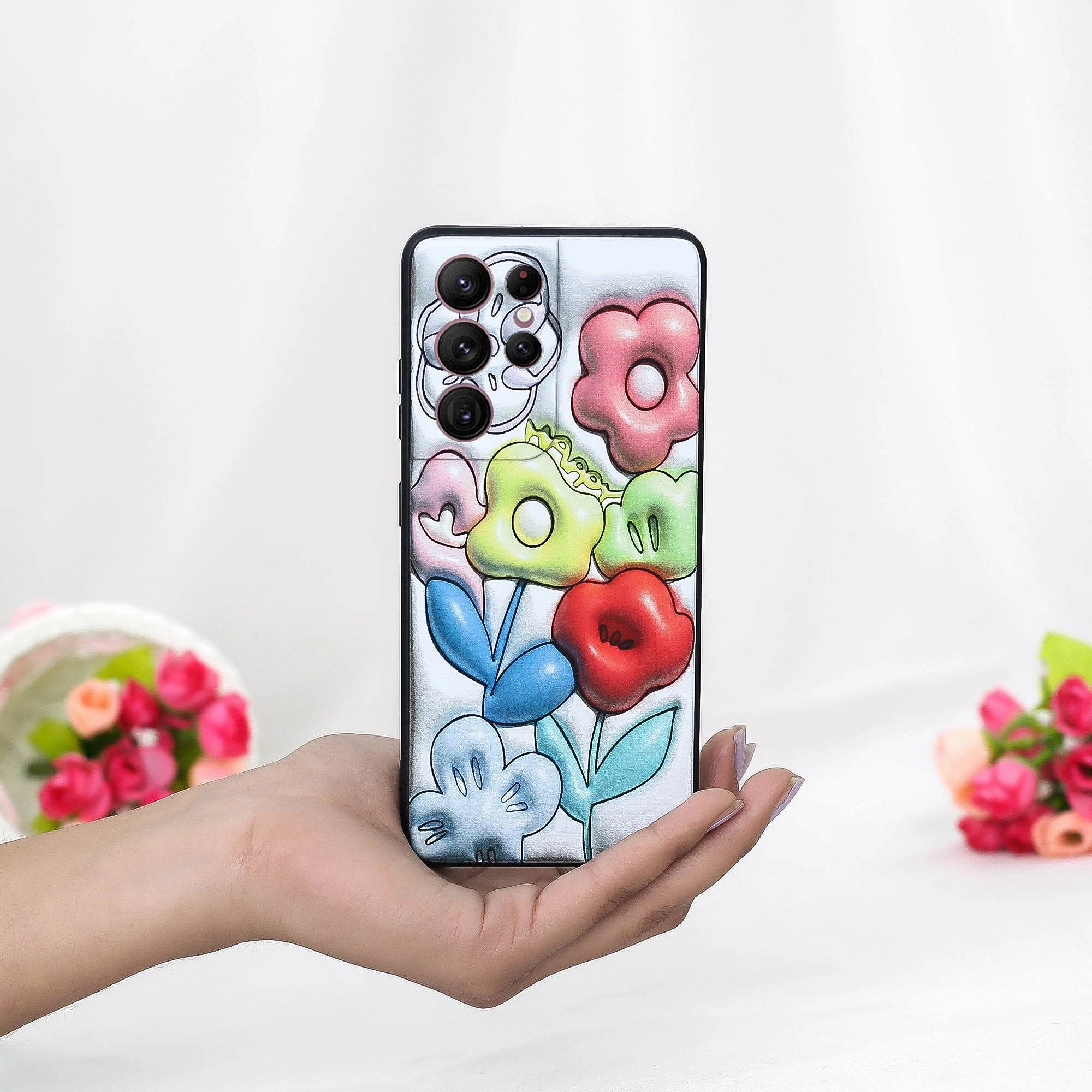3D Effect Simple Style 3D Printed Floral Sculpture Case - Samsung