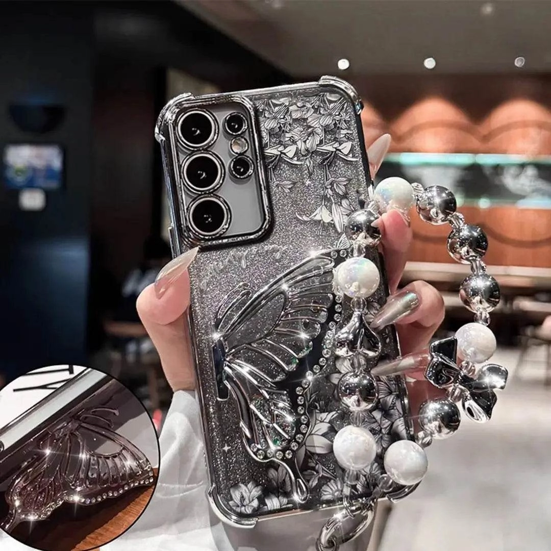 Elegant Butterfly Shimmer Wing Floral Case - Samsung Wireless Charging Compatible High protection