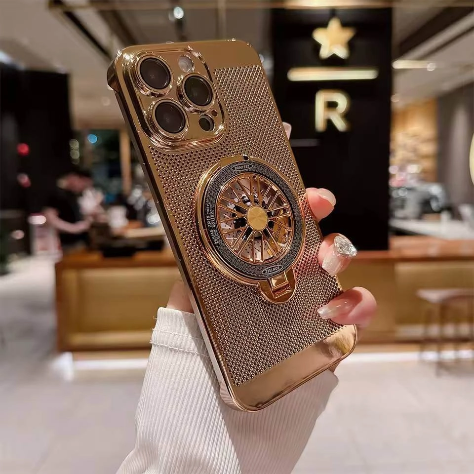Luxury Grip Shock Surface Layer Brilliant Spin Rotating Wheel Stand Case - iPhone