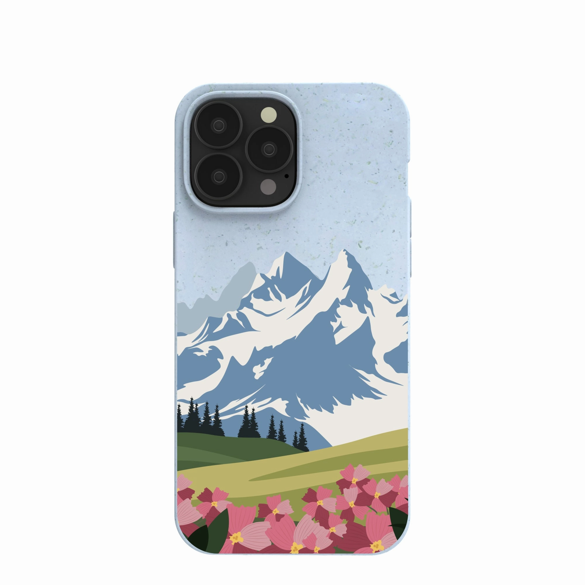 Powder Blue Mountains and Blooms iPhone 13 Pro Max Case Durable Surface Design