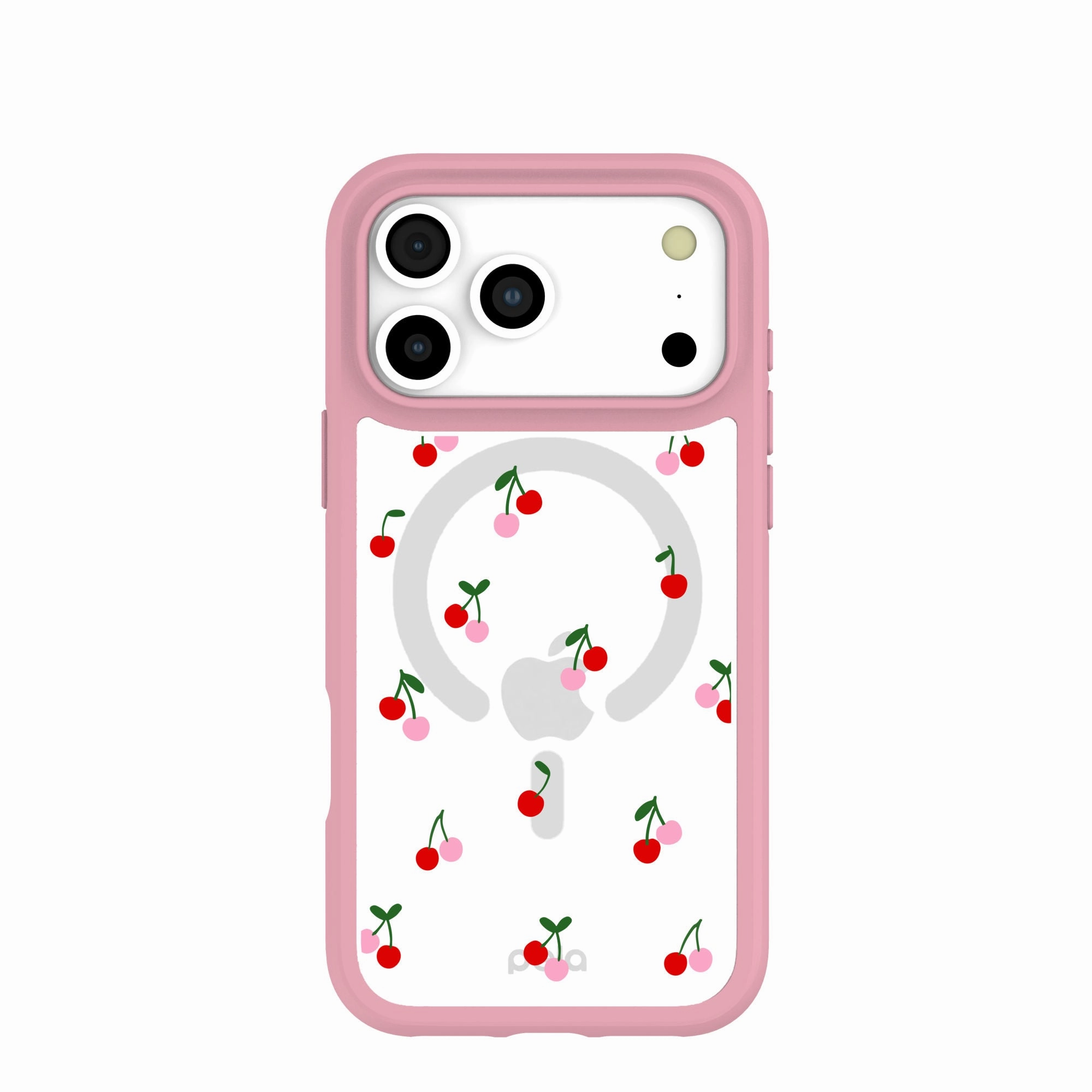 Clear Little Cherries iPhone 17 Pro Max Case With Petal Pink Ridge (MagSafe included) Stylish Detail