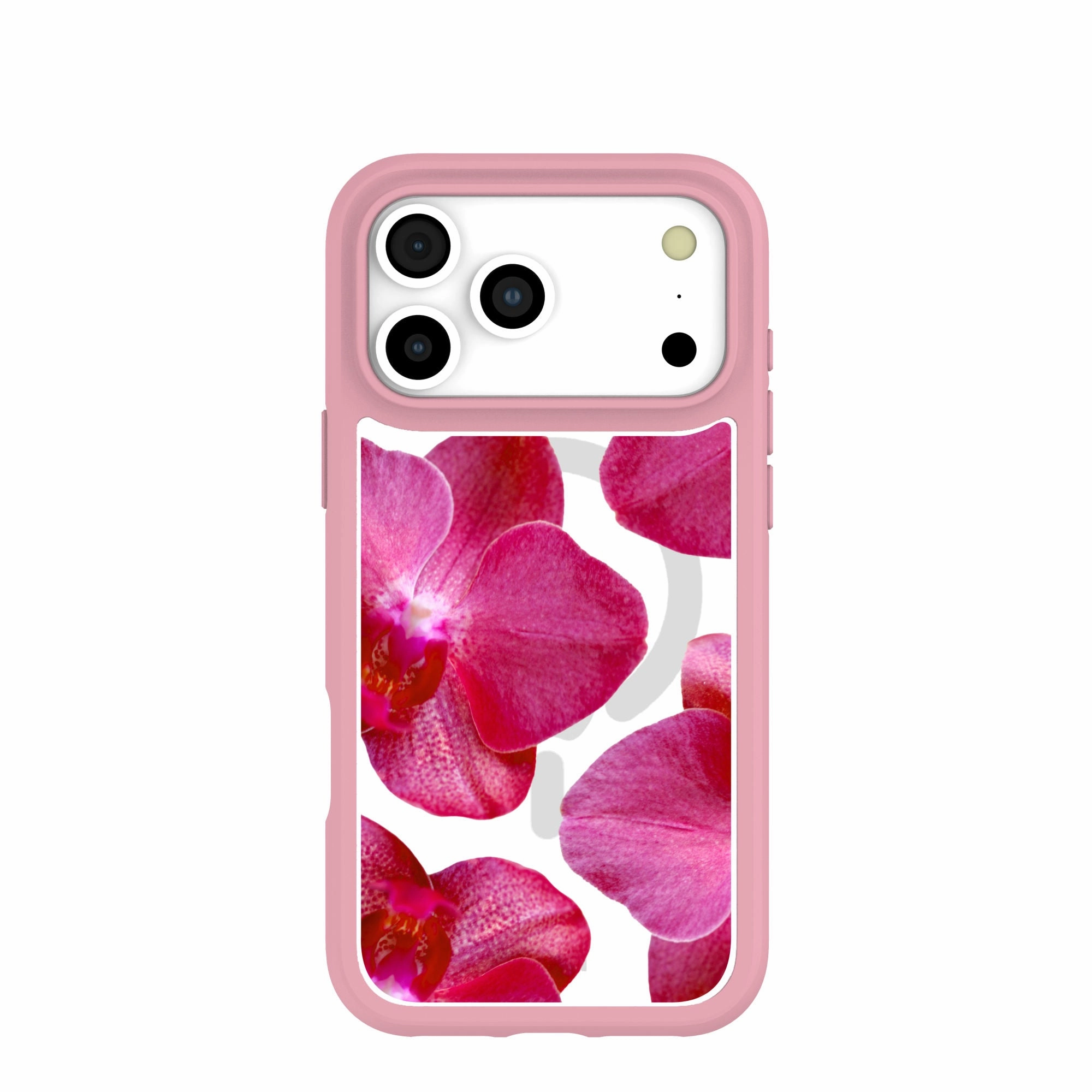 Flexible Design Sleek Profile Clear Pink Orchids iPhone 17 Pro Max Case With Petal Pink Ridge (MagSafe included)