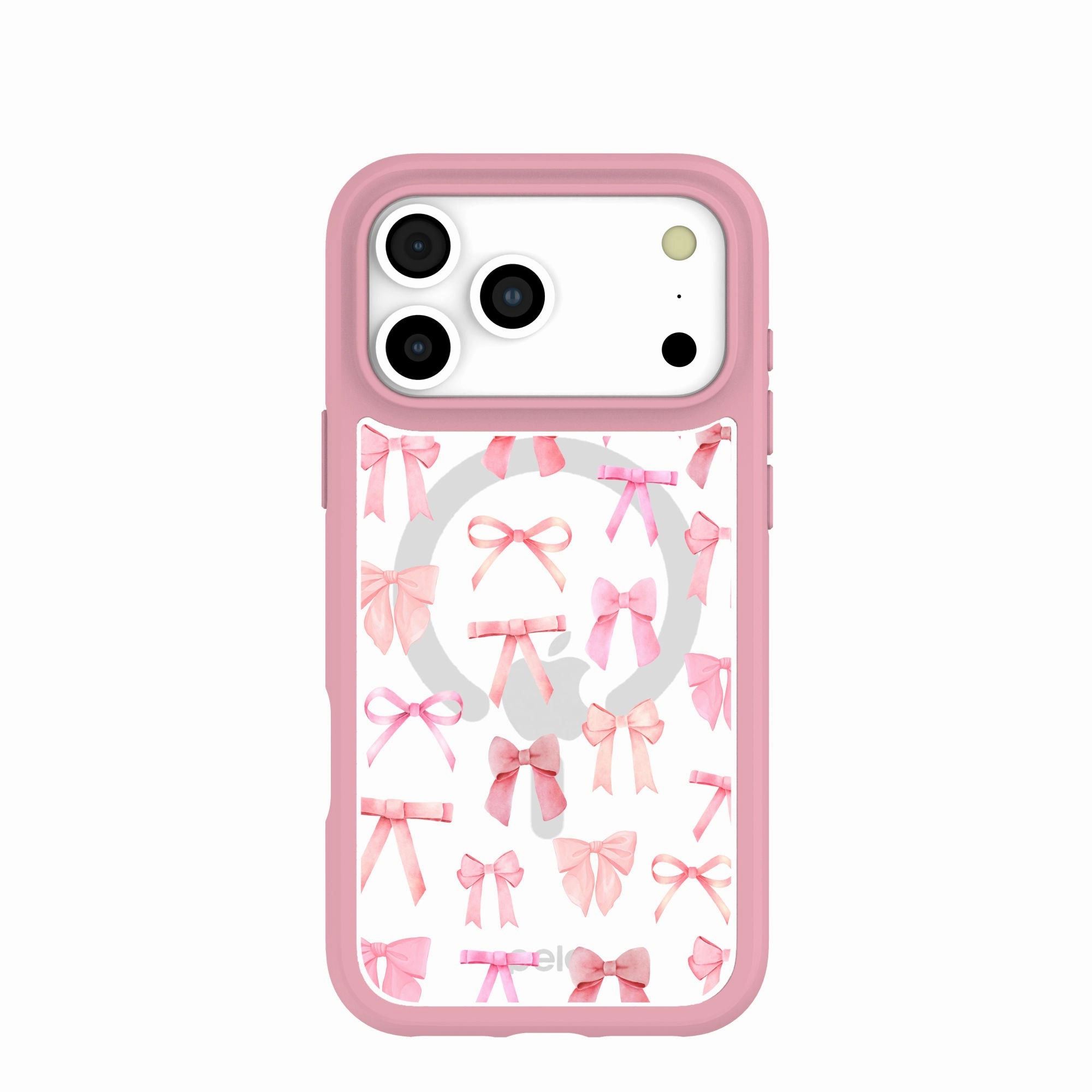 Clear Rosy Bows iPhone 17 Pro Max Case With Petal Pink Ridge (MagSafe included) Minimal Surface Layer