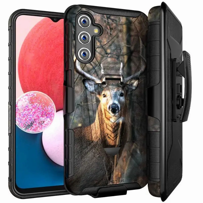 Samsung Galaxy A14 5G Dual-Layer Holster Case with Kickstand Luxury Texture Protective Touch