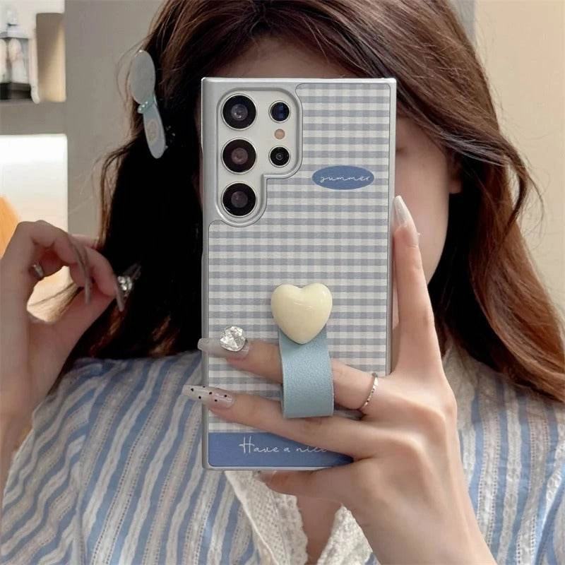 Cute Plaid Heart Ring Case - Samsung Protective Finish Protective Frame
