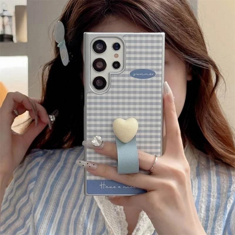 Protective Fit Cute Plaid Heart Ring Case - Samsung