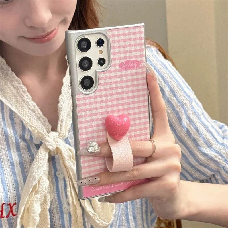 Cute Plaid Heart Ring Case - Samsung Magnetic Mount Modern Frame