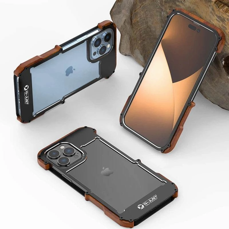 iPhone 15 Series R-Just Aluminium Natural Wood Anti Shock Bumper Case Non Slip Surface High Quality