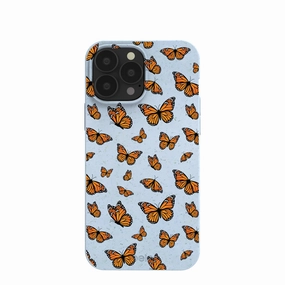 Powder Blue Monarchs in flight iPhone 13 Pro Max Case Soft Finish Texture Smooth Pattern Finish