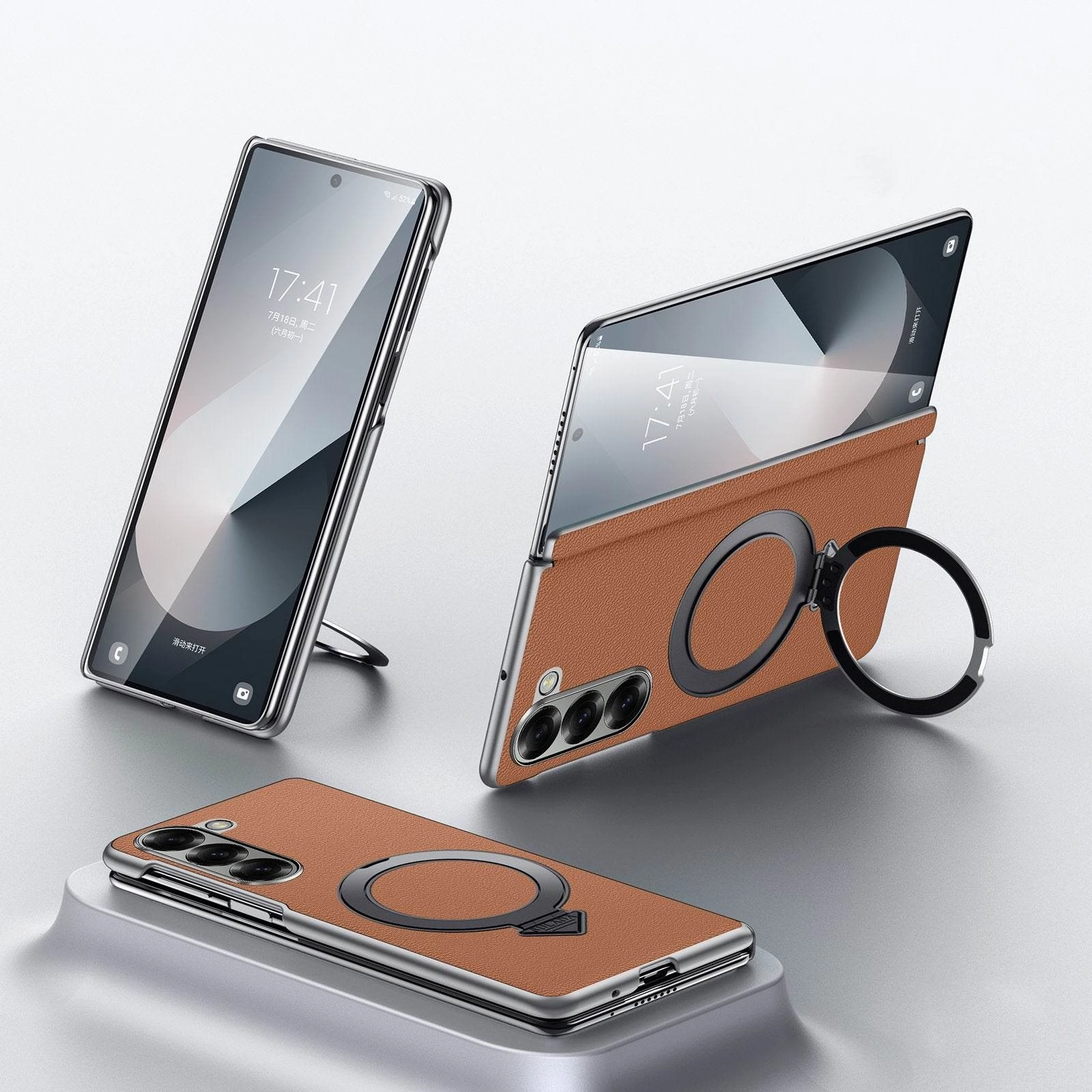 Galaxy Z Fold Series Infinity Luxe Leather Kickstand Case Glossy Texture Scratch Guard