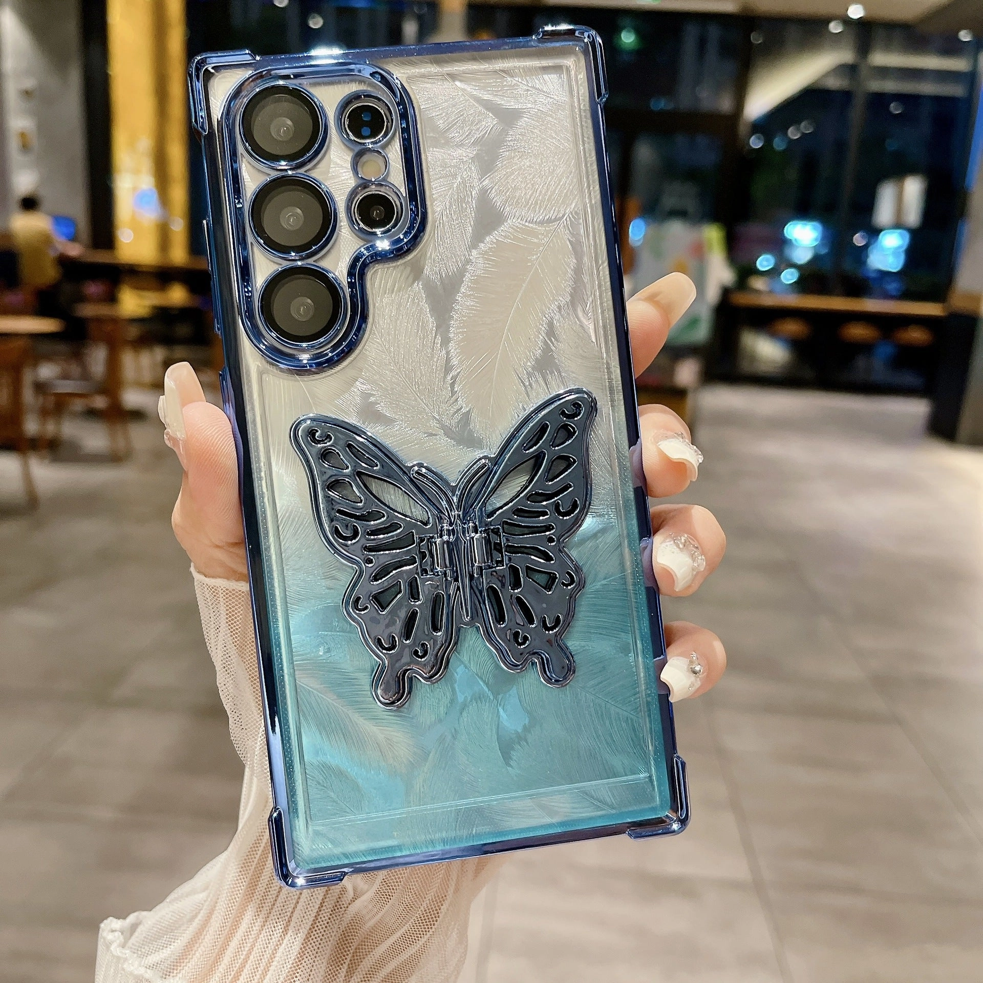 Polished Look Hybrid Texture Glam Feather Butterfly Bracket Stand Case - Samsung