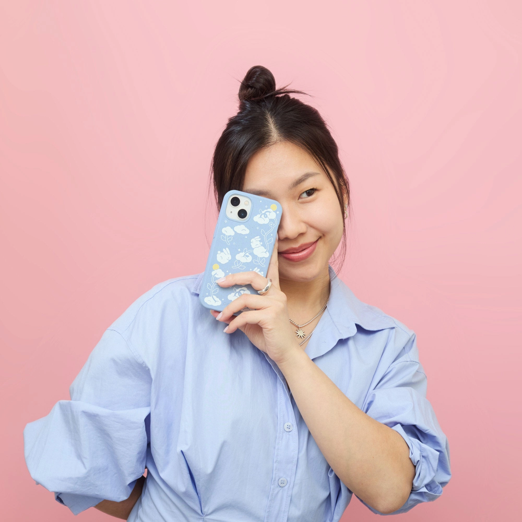 Powder Blue Fluffy Flower iPhone 17 Pro Max Case Elegant Build Texture Matte Shield