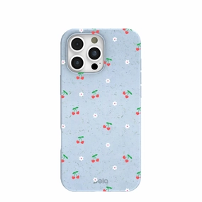 Powder Blue Sweet Cherries iPhone 16 Pro Max Case Trendy Aesthetic Outdoor Use