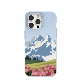 Powder Blue Mountains and Blooms iPhone 15 Pro Max Case Soft touch finish